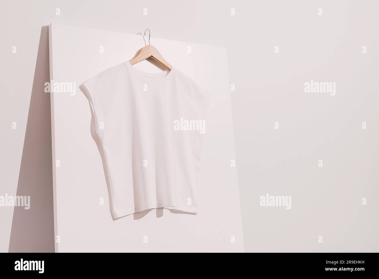 Maquette de t-shirt blanc vierge, gabarit sur cintre en bois Banque D'Images