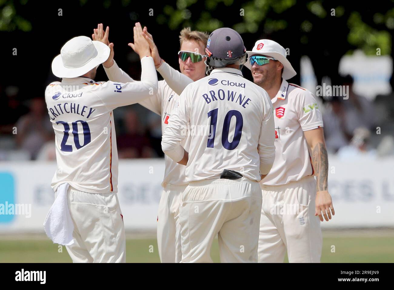 Simon Harmer d'Essex fête avec ses coéquipiers après avoir pris le cricket de Jacob Bethell pendant le CCC d'Essex contre le CCC de Warwickshire, LV Insurance Count Banque D'Images
