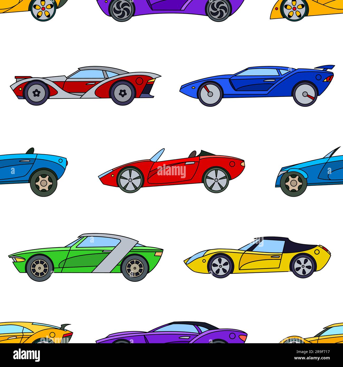Motif coloré de voitures de sport sur un fond blanc, style dessin animé pour l'impression et le design. Illustration vectorielle. Illustration de Vecteur