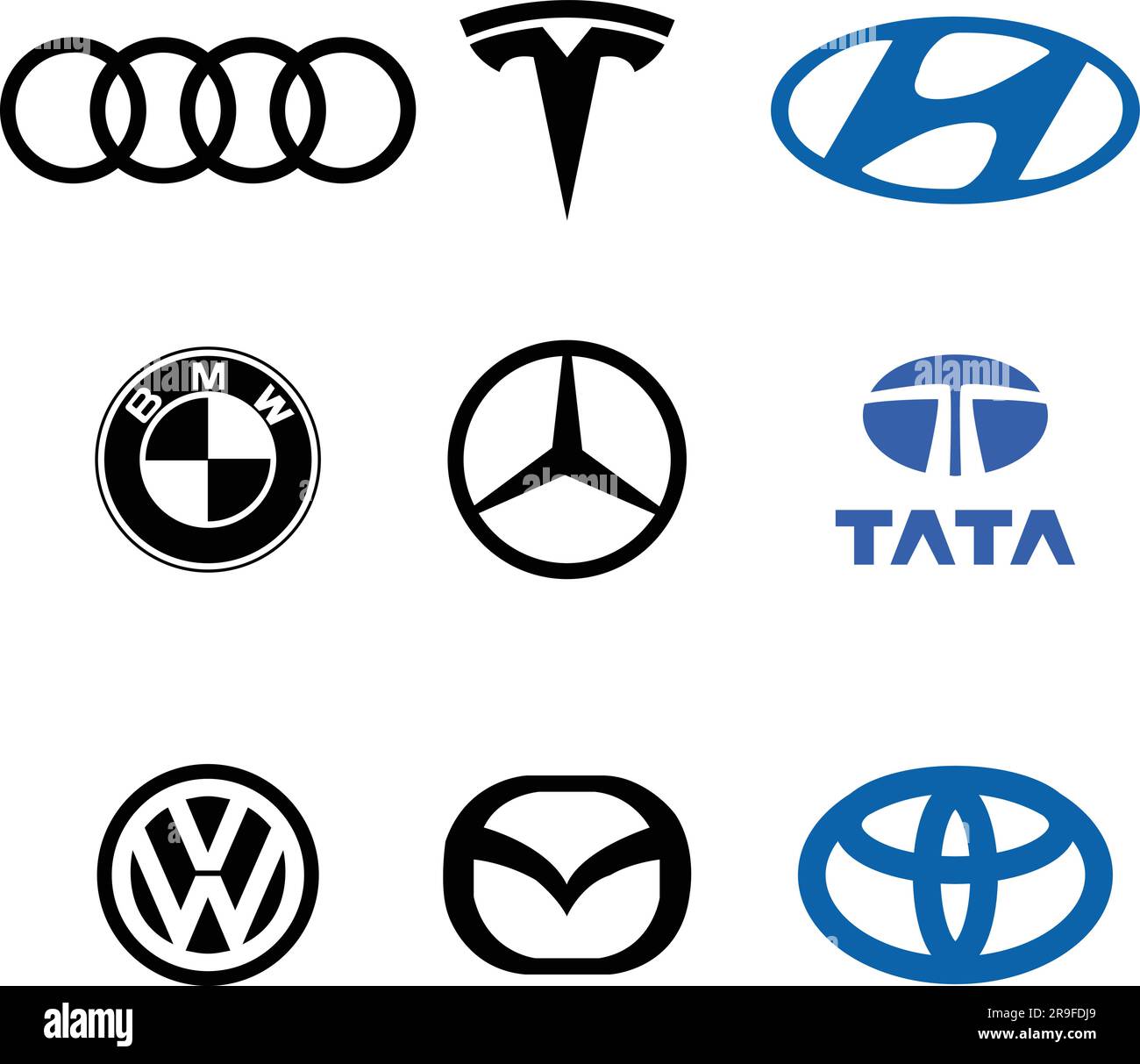 BMW, Volkswagen, Toyota, Audi, Mercedes, Tesla, Mazda, Tata, Hyundai, logo icône symbole de marque de voiture célèbre étiquette style d'identité Top Automotive. BLAC Illustration de Vecteur