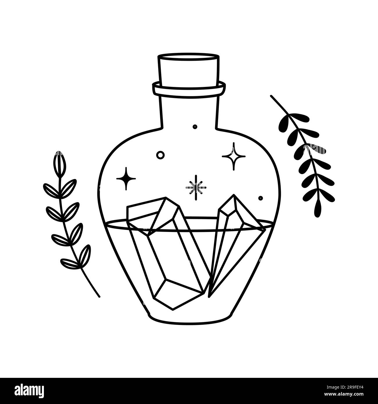 Illustration vectorielle avec bouteille de potion d'amour mystique en style boho dessiné à la main avec des étoiles, des cristaux et des plantes. Isolé sur fond blanc. Sorccraf Illustration de Vecteur