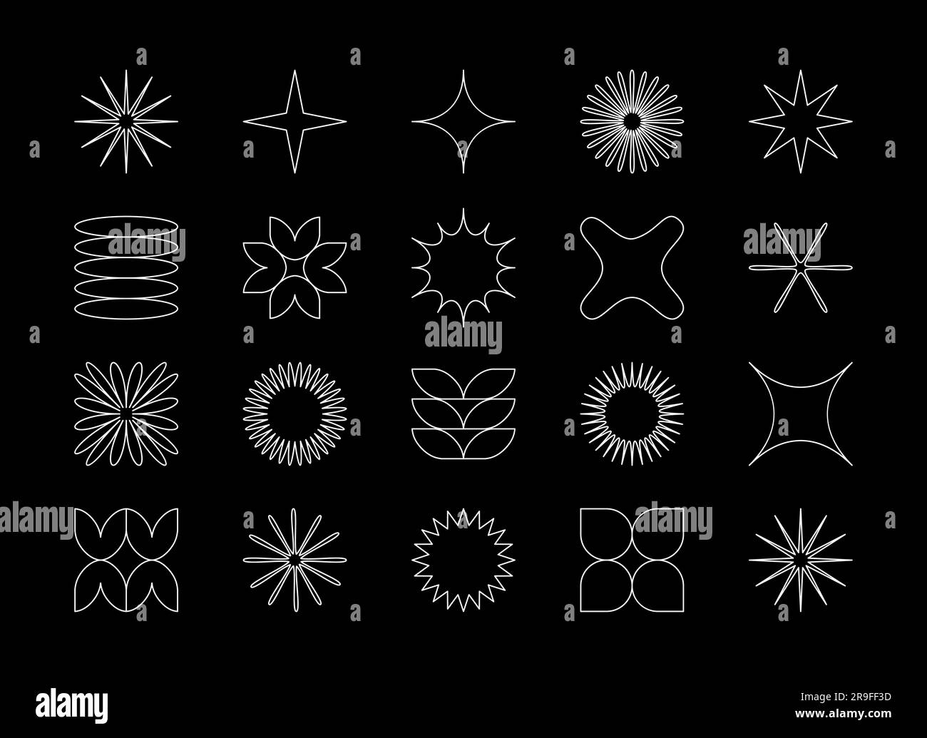 Ensemble vectoriel d'éléments géométriques minimalistes abstraits. Contemporain simple diverses formes zigzag, courbes, lignes, triangles, cercles pour icônes, logo, Illustration de Vecteur