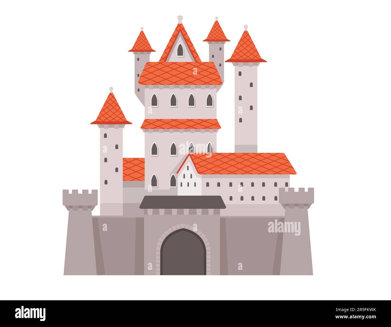 Fantastique château médiéval en pierre avec la porte des tours et le toit en tuiles rouges illustration vectorielle de style couleur isolée sur fond blanc Illustration de Vecteur