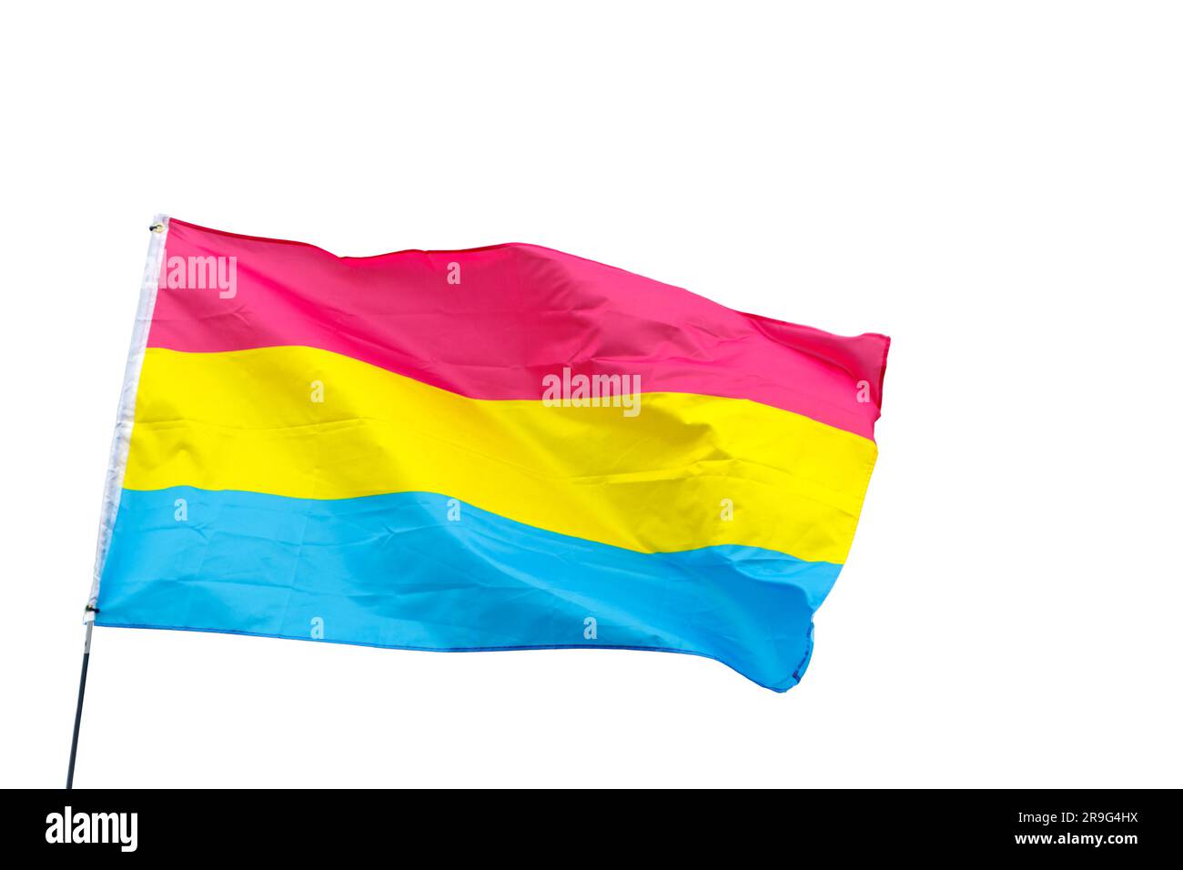 Drapeau de fierté pansexuelle découpé isolé à Stoke sur Trent gay Pride parade de fierté dans hanley Park staffordshire juin 2023 fond blanc Banque D'Images