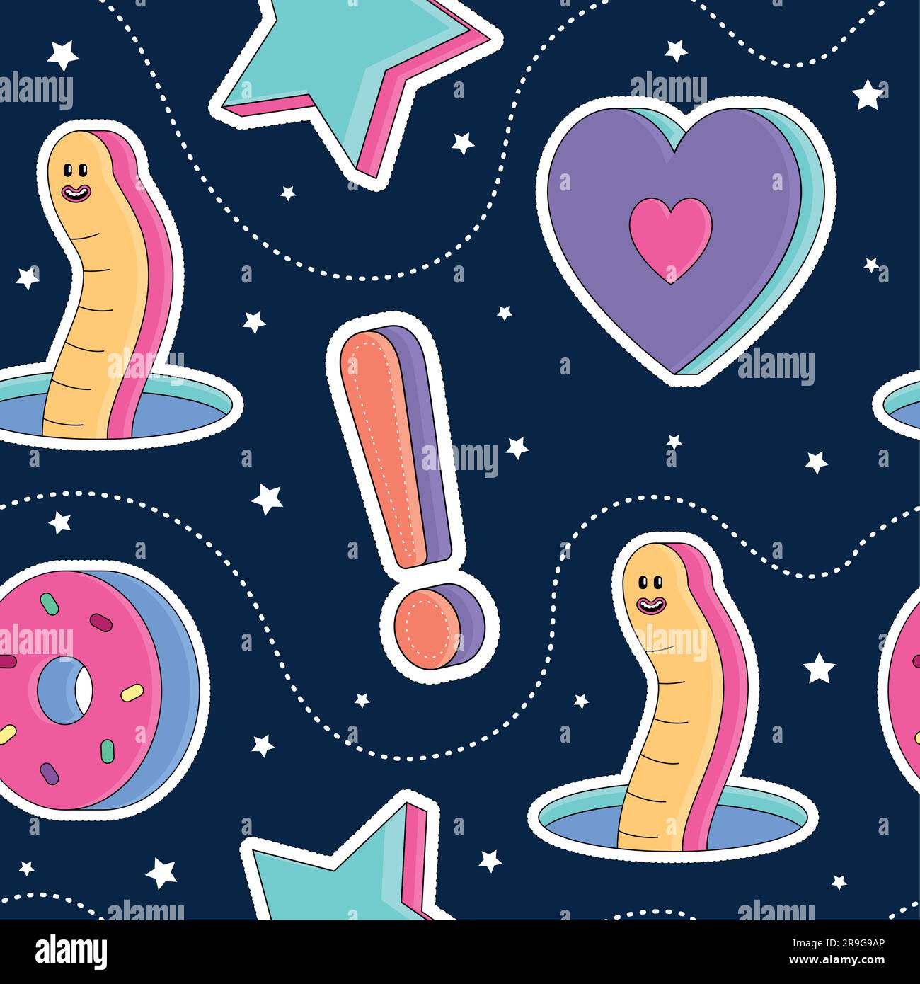 Fond de motif sans couture 3D sticker groovy icônes fond d'écran Vector Illustration de Vecteur