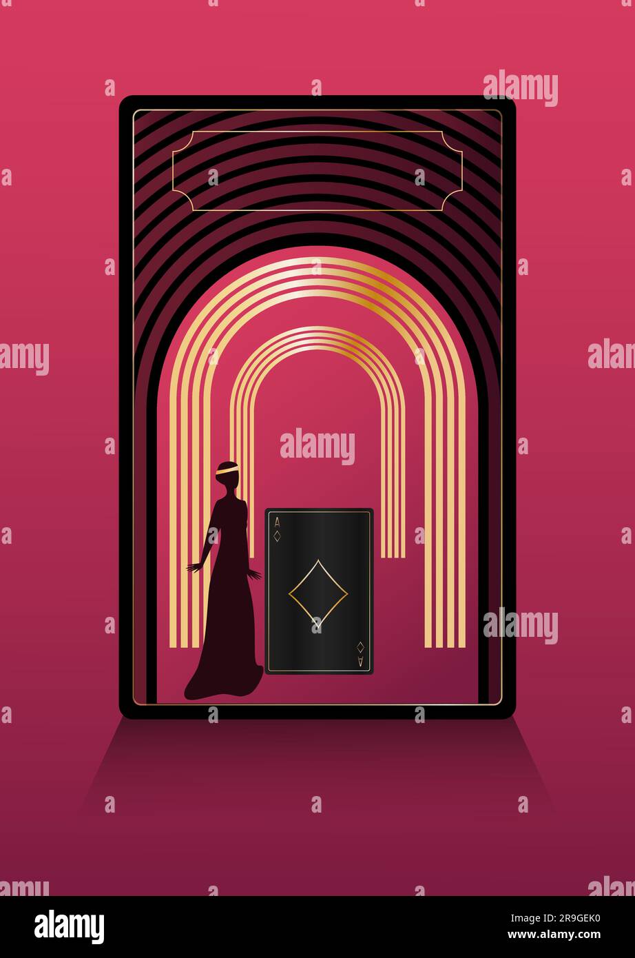 ACE de diamants en or sur carte à jouer noire, femme et arches or style Art déco modèle de bannière espace de copie illustration vectorielle Illustration de Vecteur