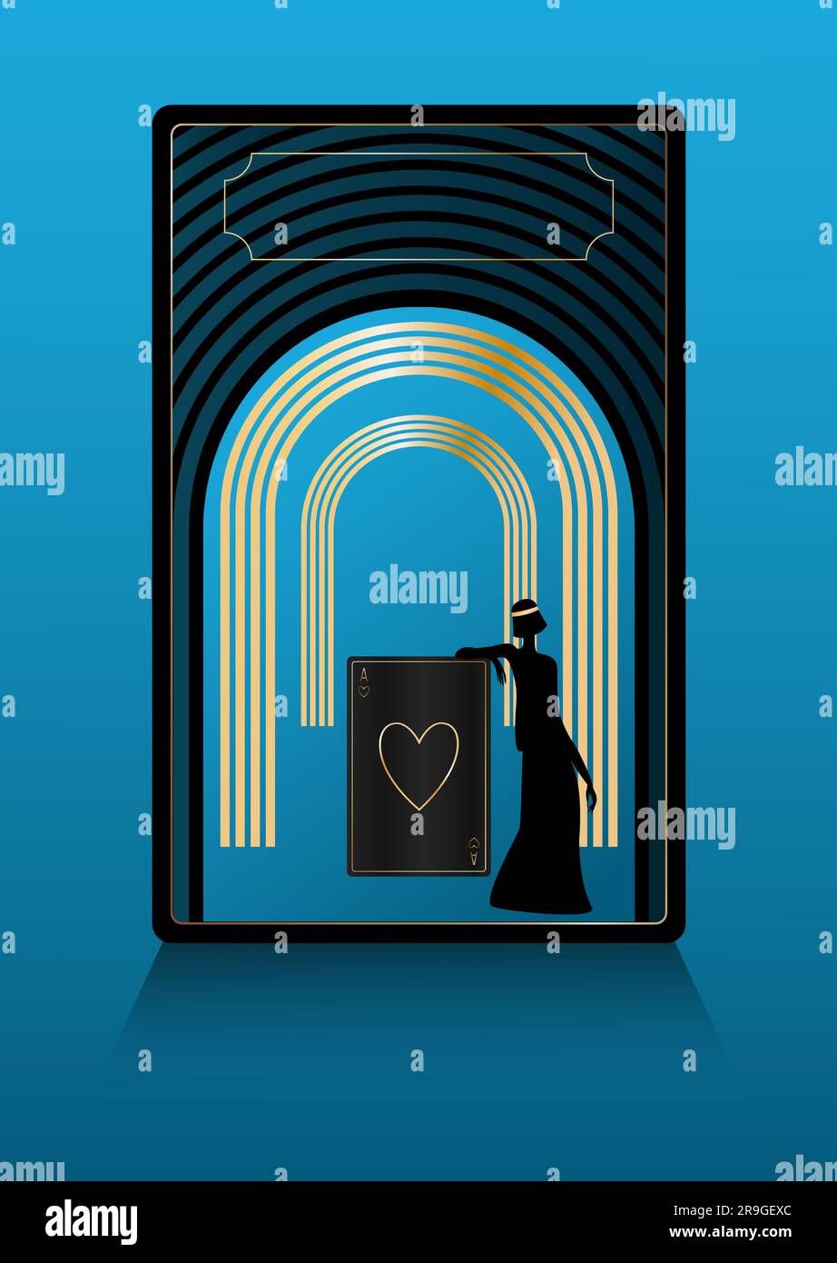 ACE of Hearts en or sur carte à jouer noire, femme et arches style Art déco modèle de bannière espace de copie illustration vectorielle Illustration de Vecteur