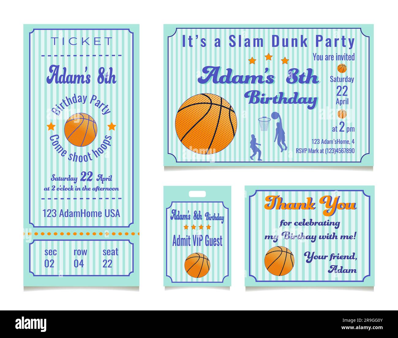 Modèles d'invitation pour les fêtes d'anniversaire sur le thème du basket-ball invitation d'entrée et d'admission Illustration vectorielle isolée sur fond blanc Illustration de Vecteur