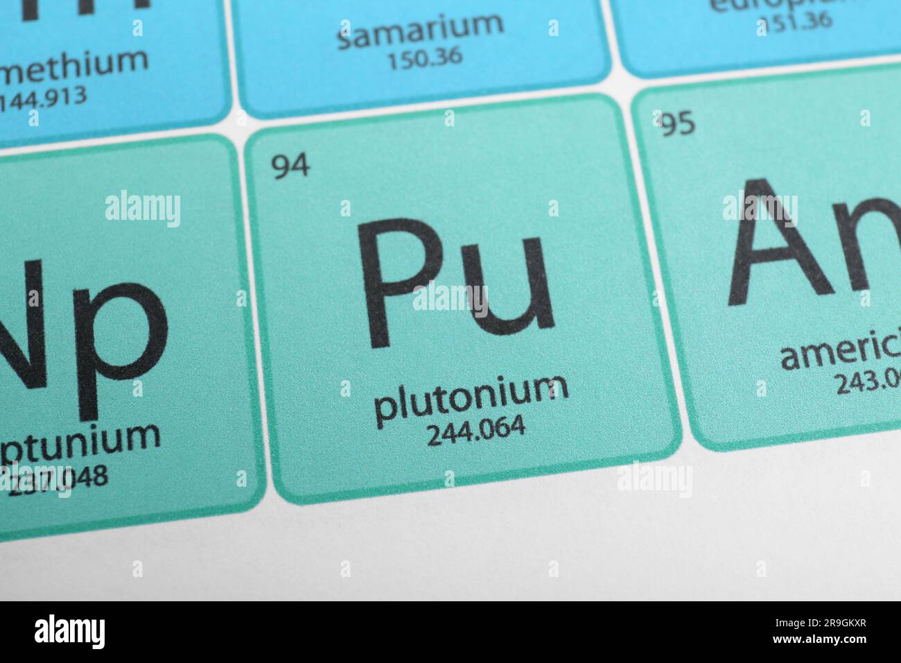 Symbole plutonium sur le tableau périodique des éléments chimiques, vue rapprochée Banque D'Images