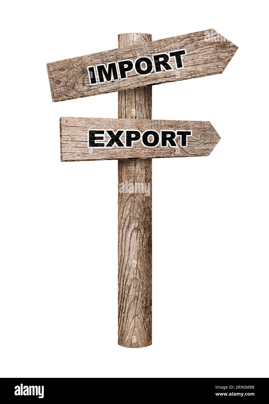 Import Export panneau de route en bois en forme de flèche sur fond blanc Banque D'Images