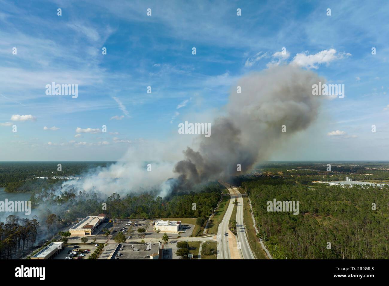 Vue depuis le dessus du lagre feu de forêt gravement brûlé dans la ville de North Port, Floride. Flammes chaudes dans une forêt avec une atmosphère polluante de fumée toxique Banque D'Images