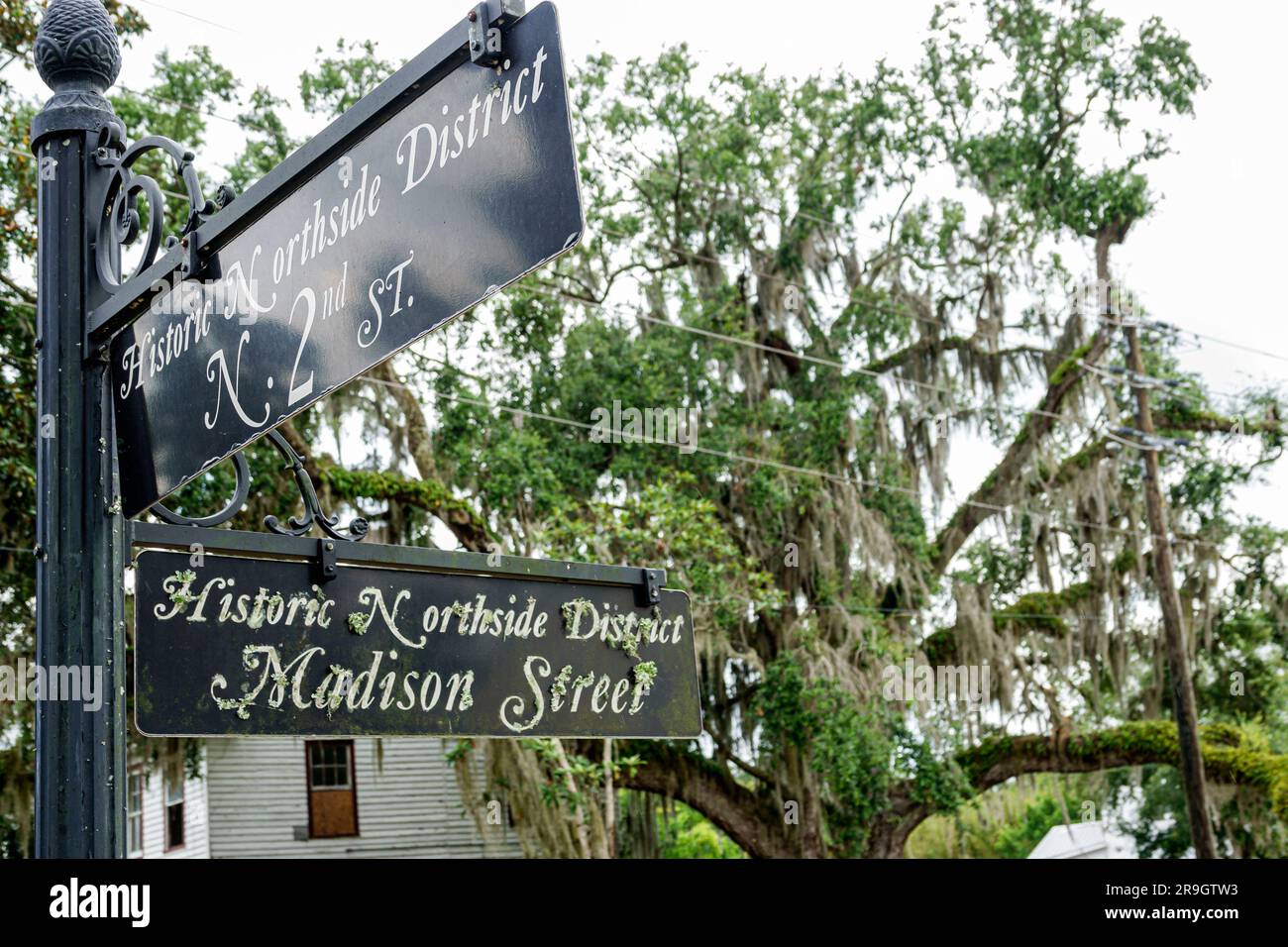 Palatka Florida, panneau de rue quartier historique Northside District, mousse espagnole Banque D'Images