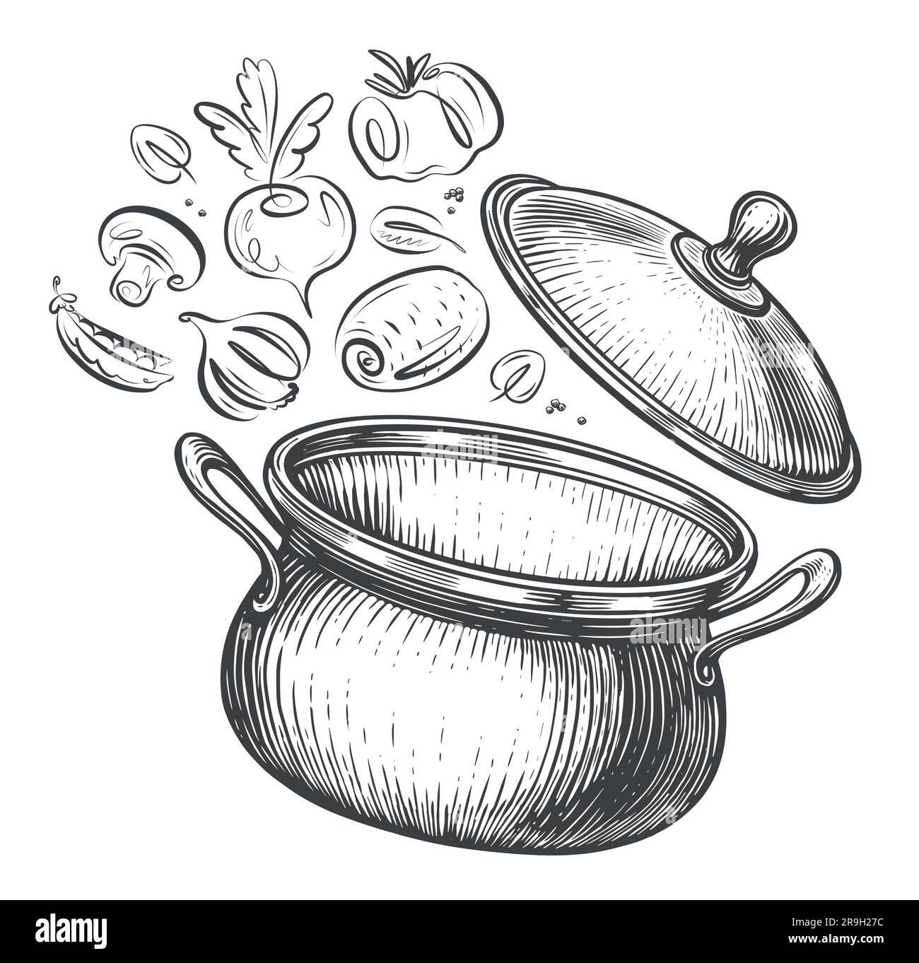 Les légumes tombent dans la casserole ou la casserole. Concept alimentation et alimentation saine. Illustration du vecteur de cuisson Illustration de Vecteur