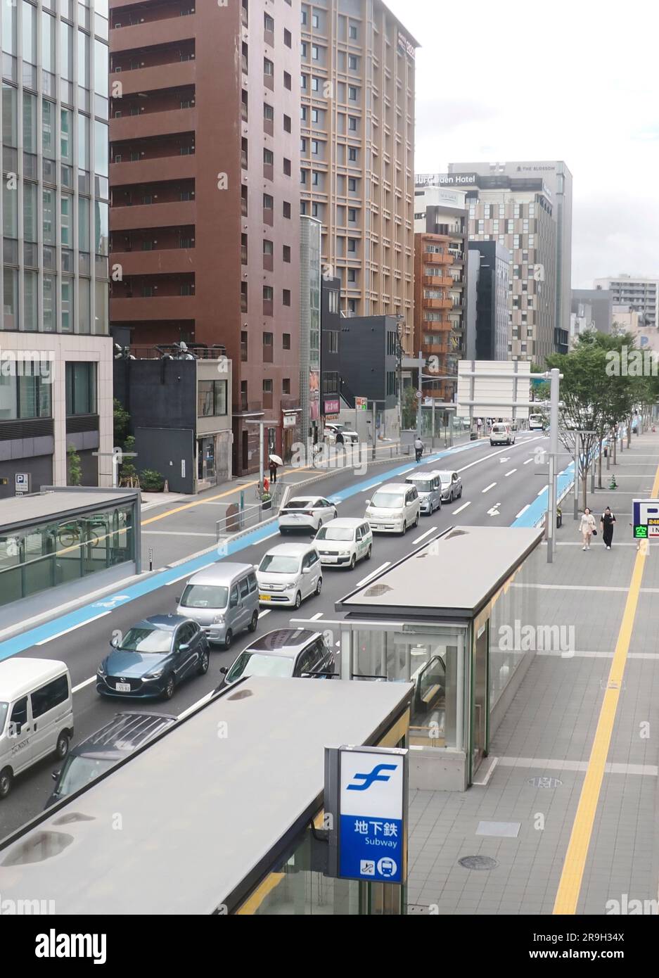 A picture shows Hakata Eki-mae Dori Street in Fukuoka on June 27, 2023. Kushida Shrine Station of the Fukuoka City Subway was opened in March 2023. ( The Yomiuri Shimbun via AP Images ) Banque D'Images