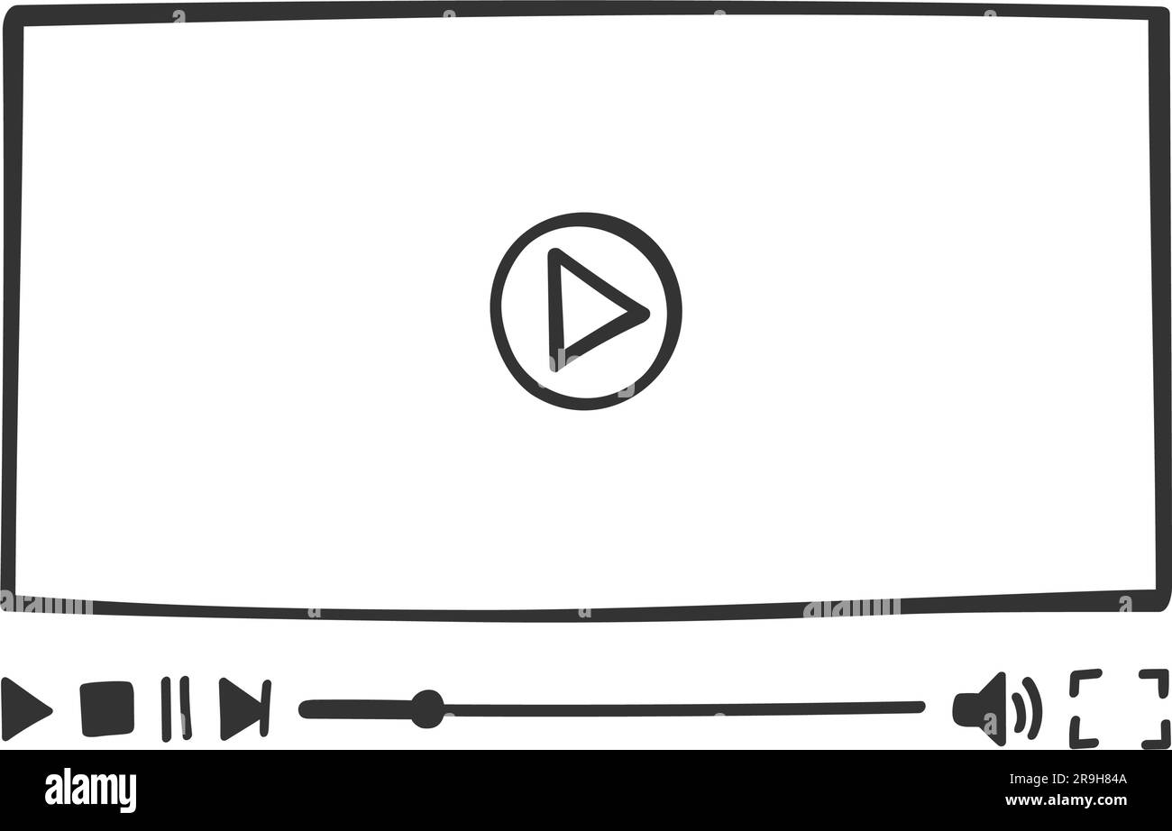 Modèle de lecteur vidéo en style doodle. Ecran de contrôle de film en ligne tracé à la main avec boutons et barre de défilement de chargement. Fenêtre d'application multimédia de conception simple. Illustration graphique vectorielle Illustration de Vecteur