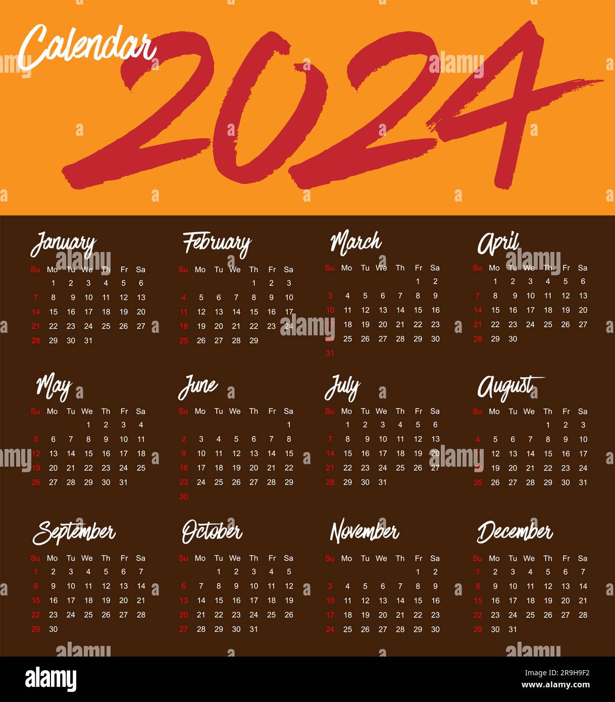 Illustration vectorielle du calendrier 2024. calendrier mensuel classique  simple pour 2024 avec clipart de calendrier de
