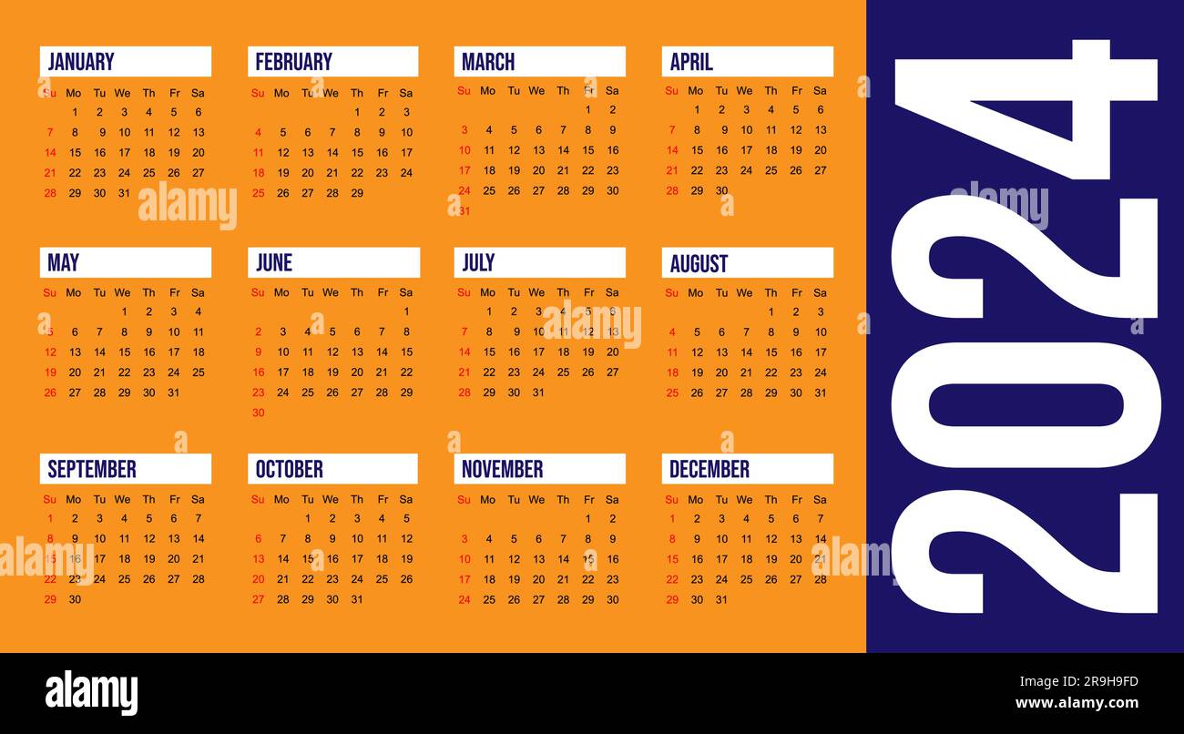 calendrier 2024 modèle ensemble vecteur, la semaine commence dimanche,  ensemble de 12 mois, calendrier de bureau