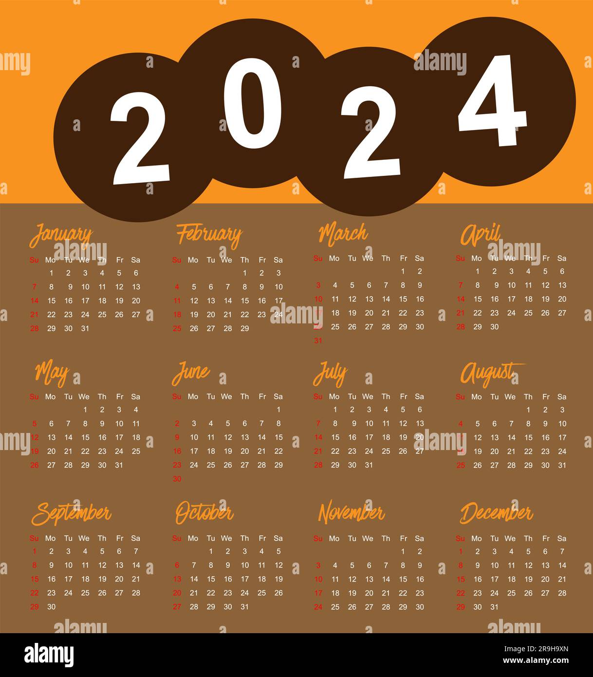 Calendrier 2024 Année La Semaine Commence Le Dimanche Conception Pour L' organisateur De Papeterie D'impression De Planificateur