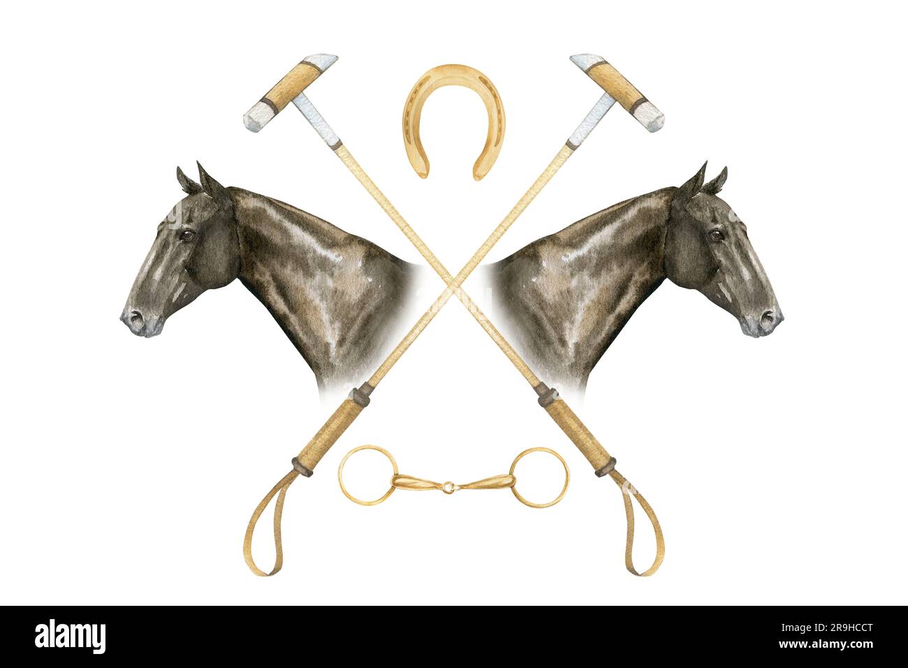 Des illustrations minimalistes aquarelle de portrait de cheval, fers à cheval dorés, snaffles et bâtonnets de polo de cheval , isolées. Illustration sur le thème de Banque D'Images