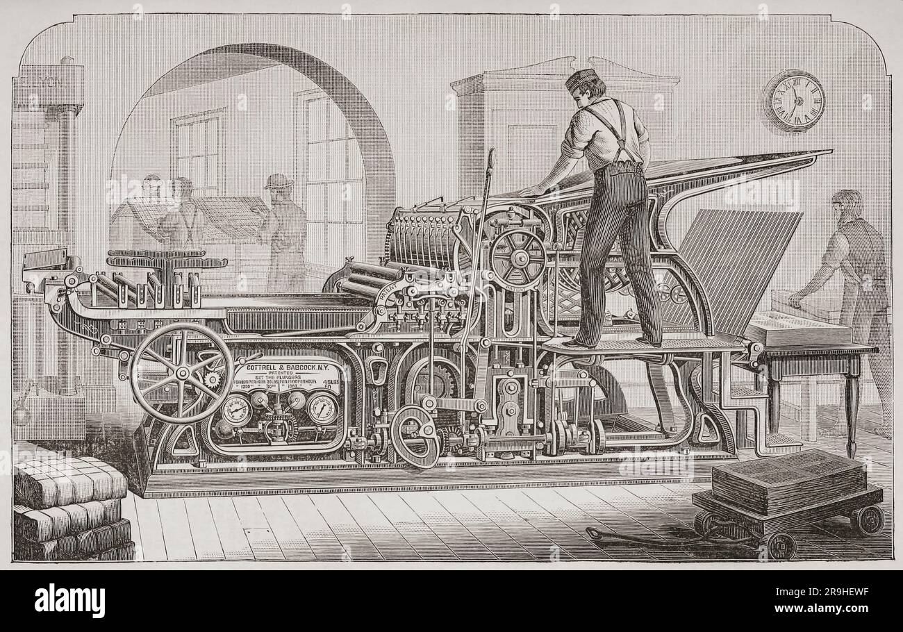 Presse cylindrique 19th Century Cottrell & Babcock. Après une illustration dans la Cyclopedia of Applied Mechanics d'Appletons, publiée en 1880. Banque D'Images