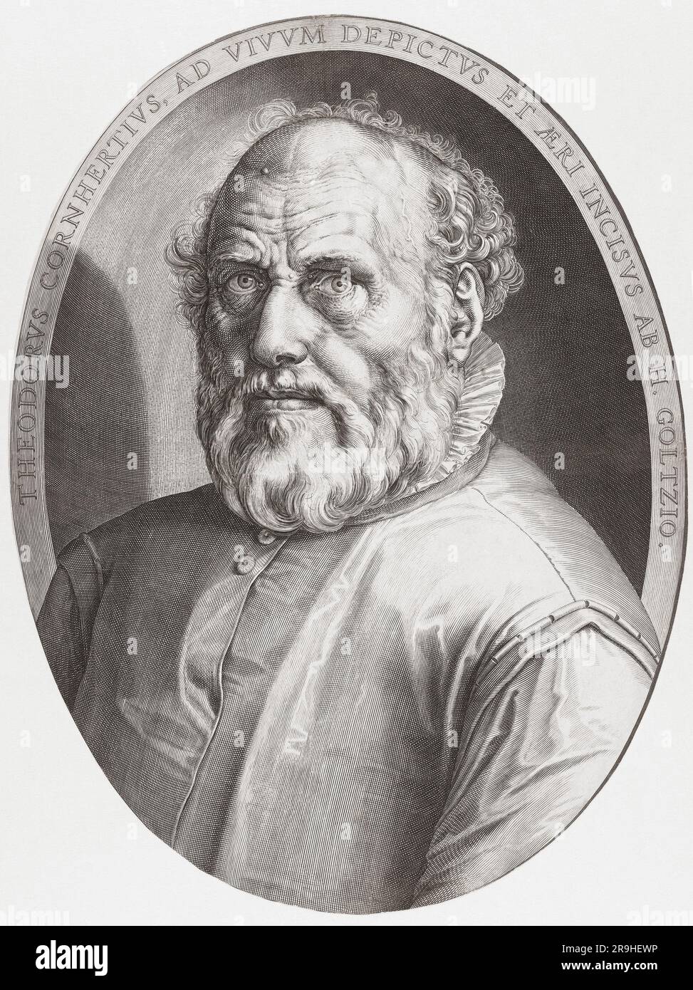 Dirck Volckertszoon Coornhert, 1522 – 1590. Également connu sous le nom de Theodore cornert. Philosophe et artiste néerlandais. D'après un imprimé contemporain de Hendrick Goltzius. Banque D'Images