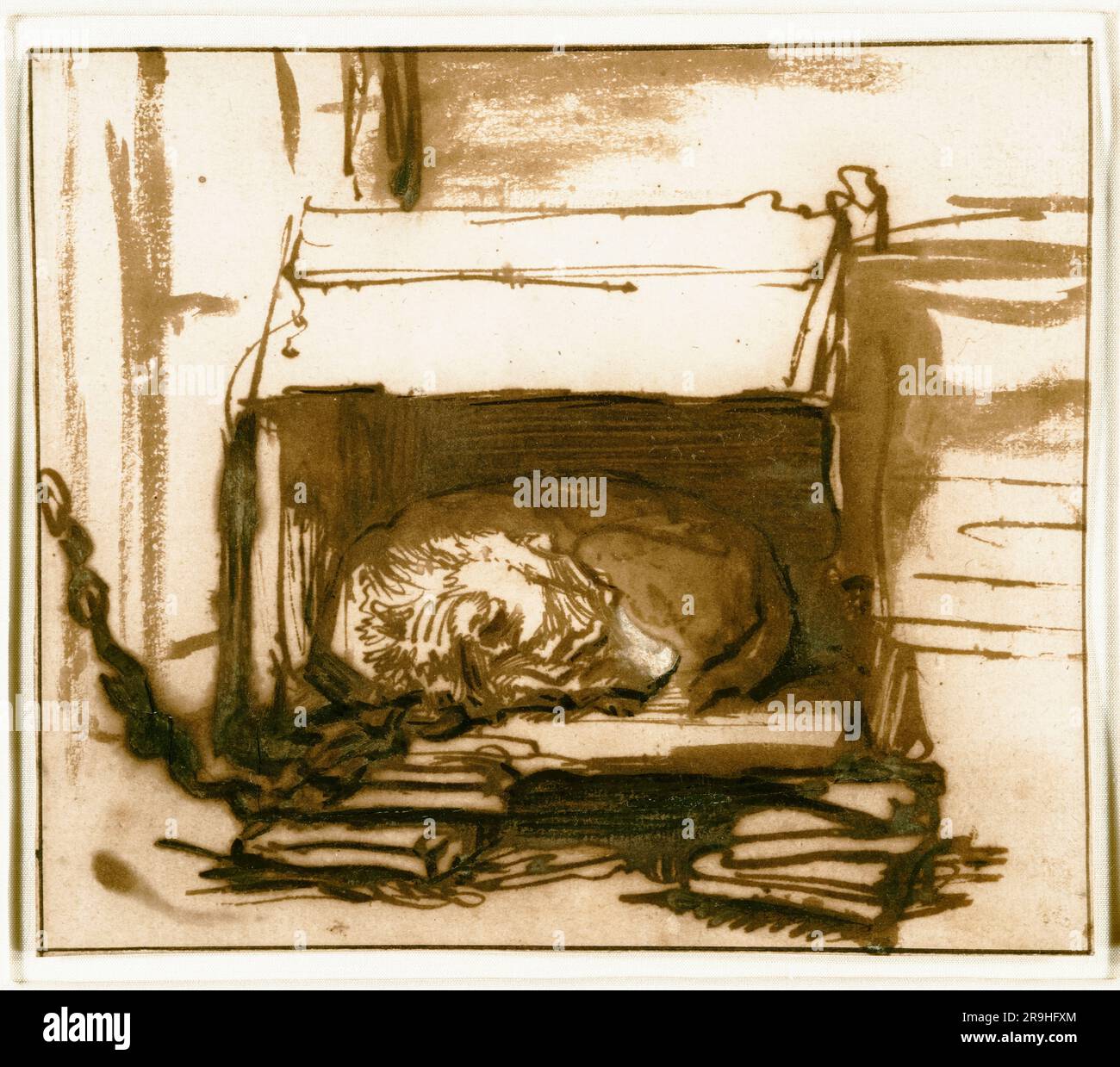 Rembrandt van Rijn, Sleeping Watchdog, dessin au stylo et à l'encre avec brosse et lavage brun, 1637-1640 Banque D'Images