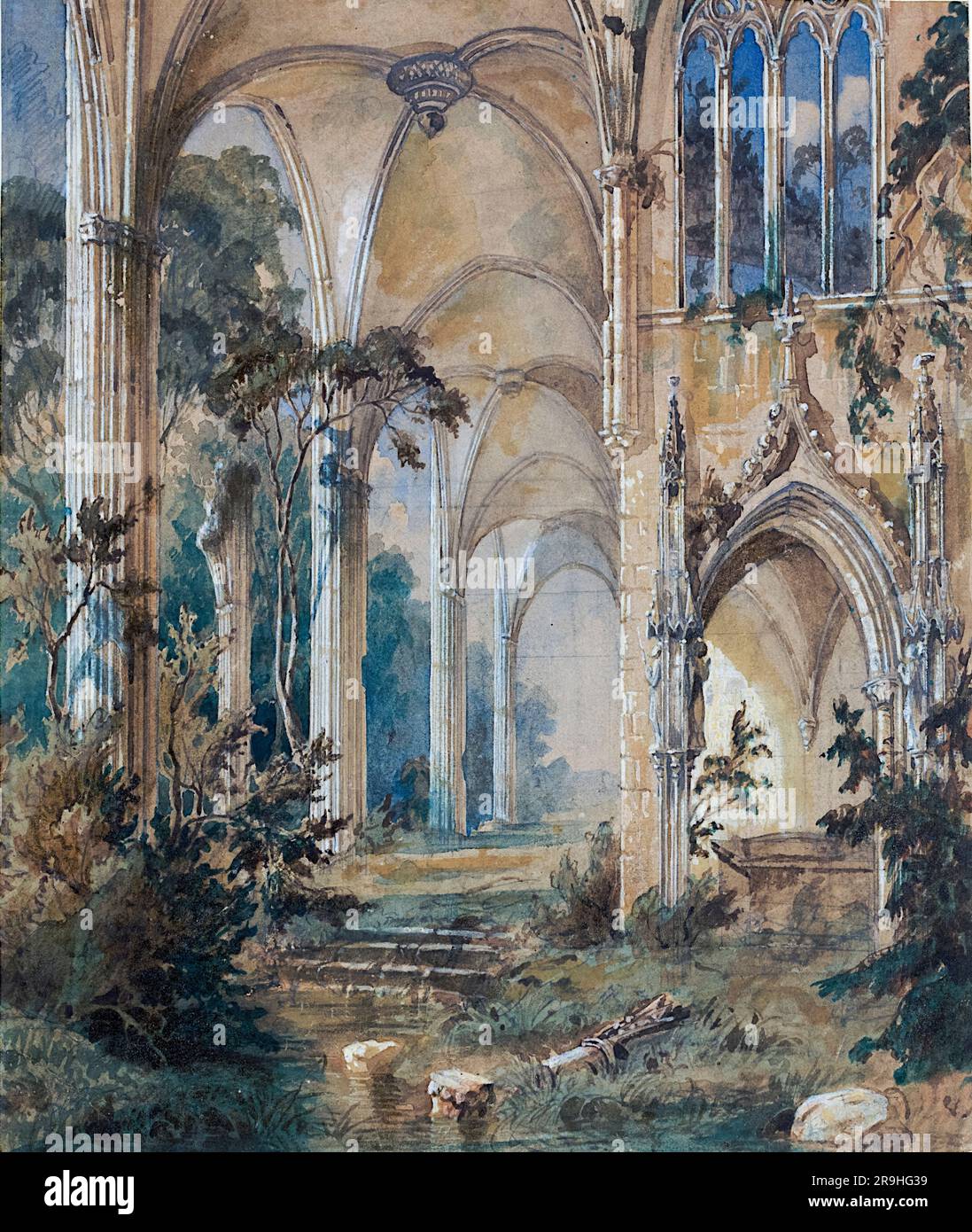 Carl Blechen, ruine de l'église gothique, peinture aquarelle, 1829-1831 Banque D'Images