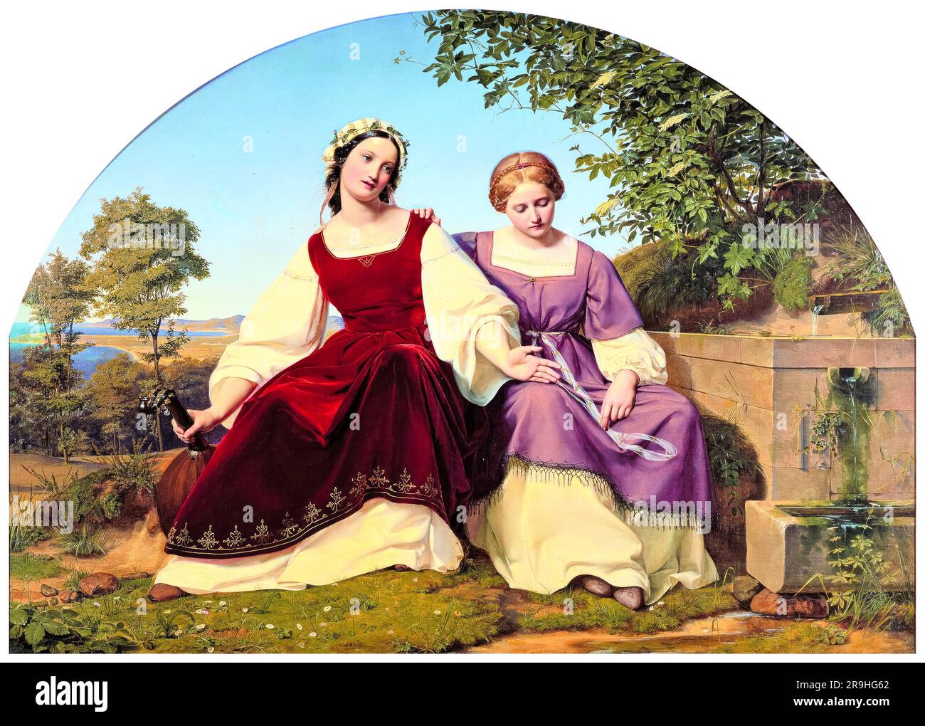 Eduard Bendemann peinture, deux filles au puits, huile sur toile, 1833 Banque D'Images