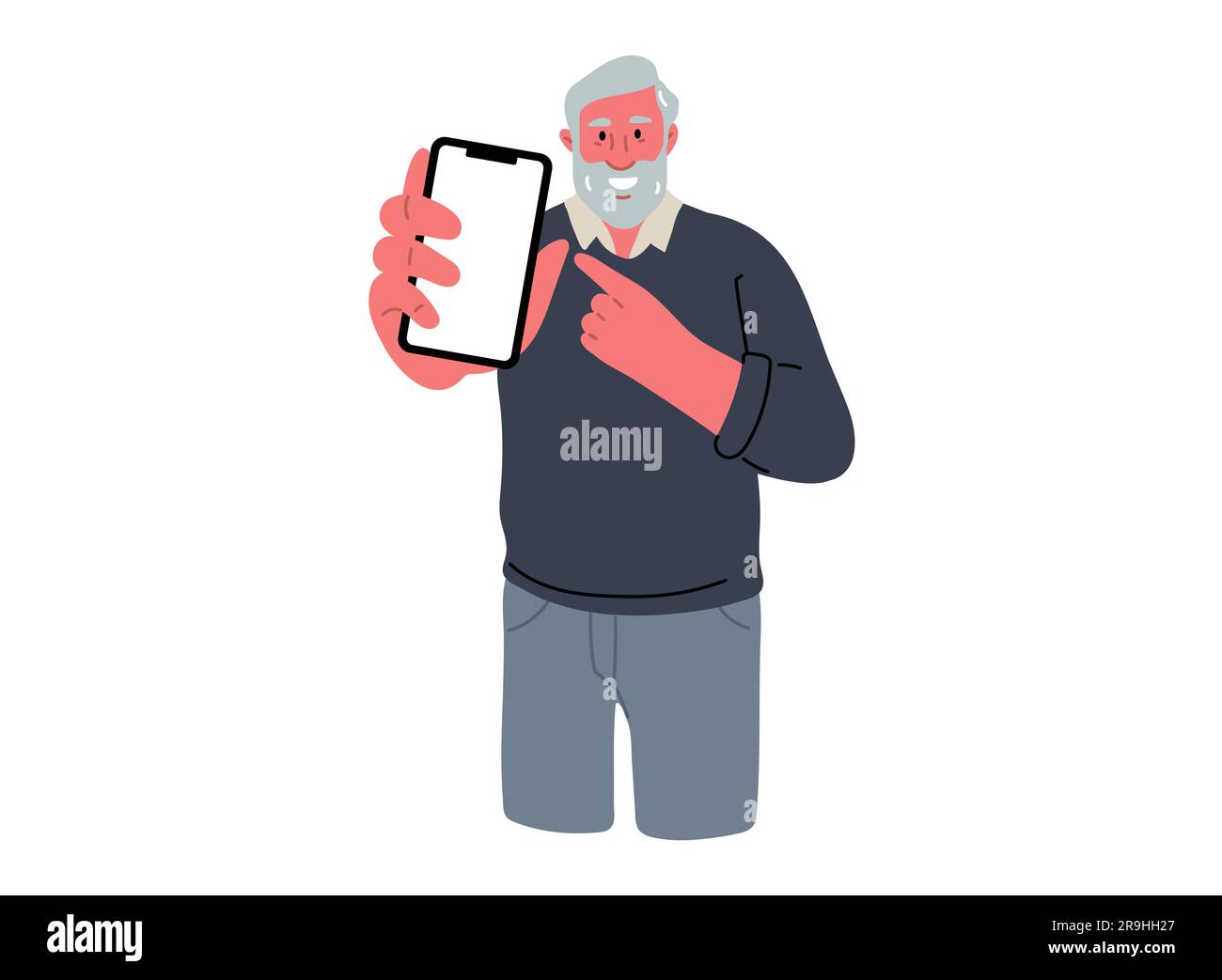 Homme senior montrant sur le téléphone mobile et donne un indice.Illustration vectorielle Illustration de Vecteur