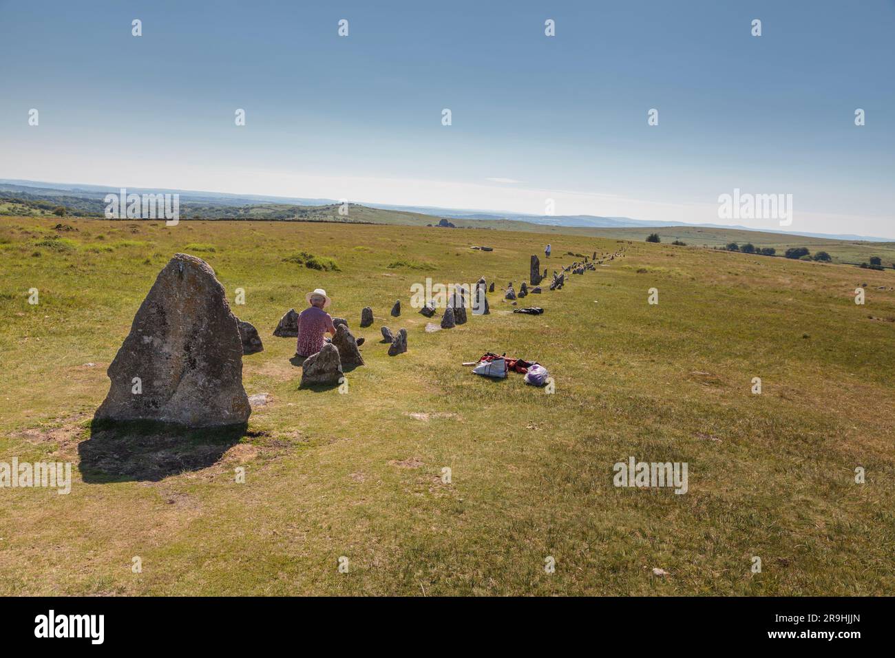 Colonie préhistorique de Merrivale, Dartmoor occidental, Princetown, Yelverton, Devon, Angleterre, Royaume-Uni: Lignes de pierre néolithique, cercles de pierre et monuments Banque D'Images