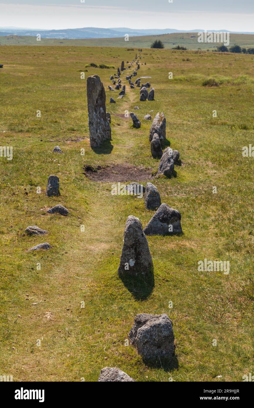 Colonie préhistorique de Merrivale, Dartmoor occidental, Princetown, Yelverton, Devon, Angleterre, Royaume-Uni: Lignes de pierre néolithique, cercles de pierre et monuments Banque D'Images