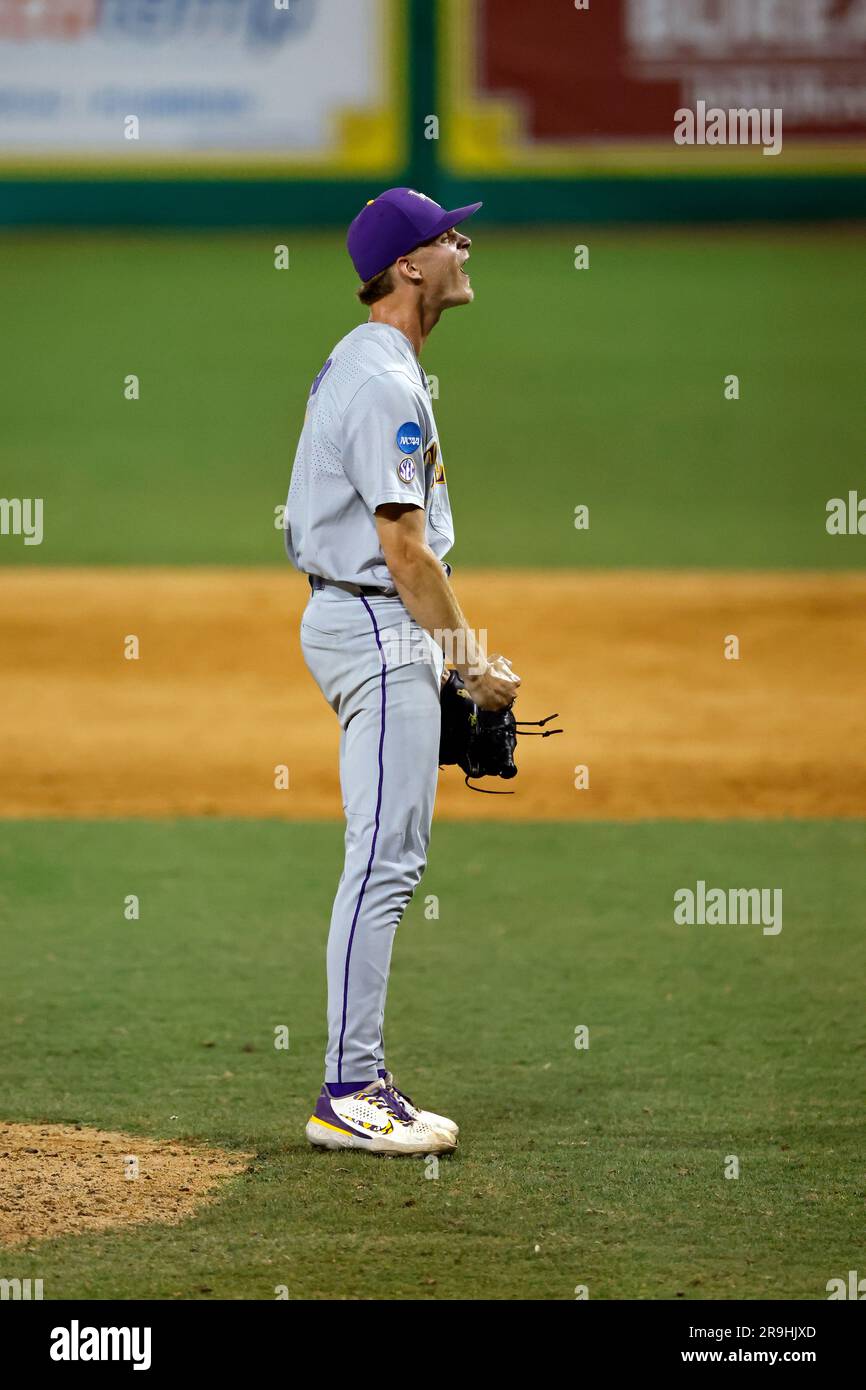 LSU infielder Gavin Guidry reacts after throwing the final pitch of an NCAA college baseball