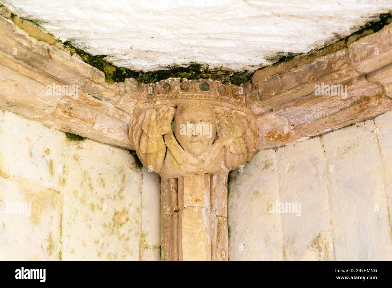 Boss de toit en pierre sculptée dans le porche de l'église reputé Joan de Navarre épouse du roi Henri IV, Harberton, sud Devon, Angleterre, Royaume-Uni Banque D'Images