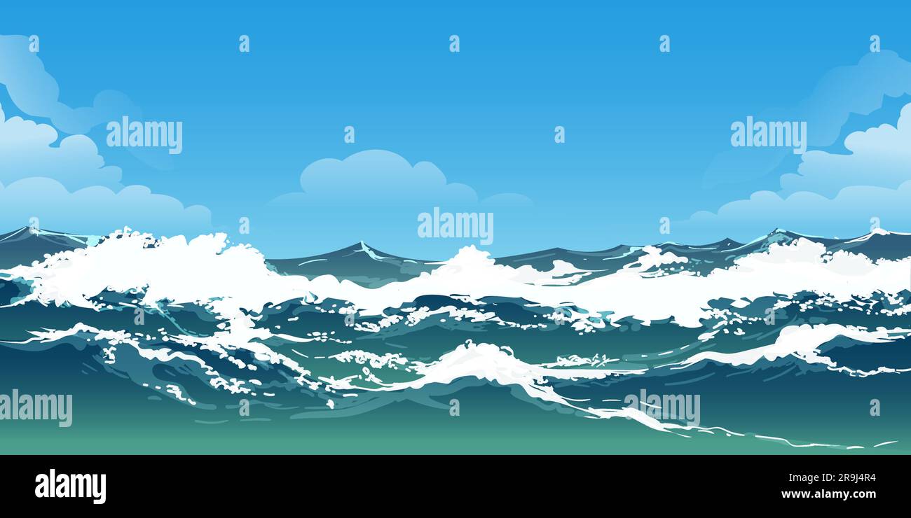 Vagues d'océan ciel bleu et nuages blancs arrière-plan Illustration de Vecteur