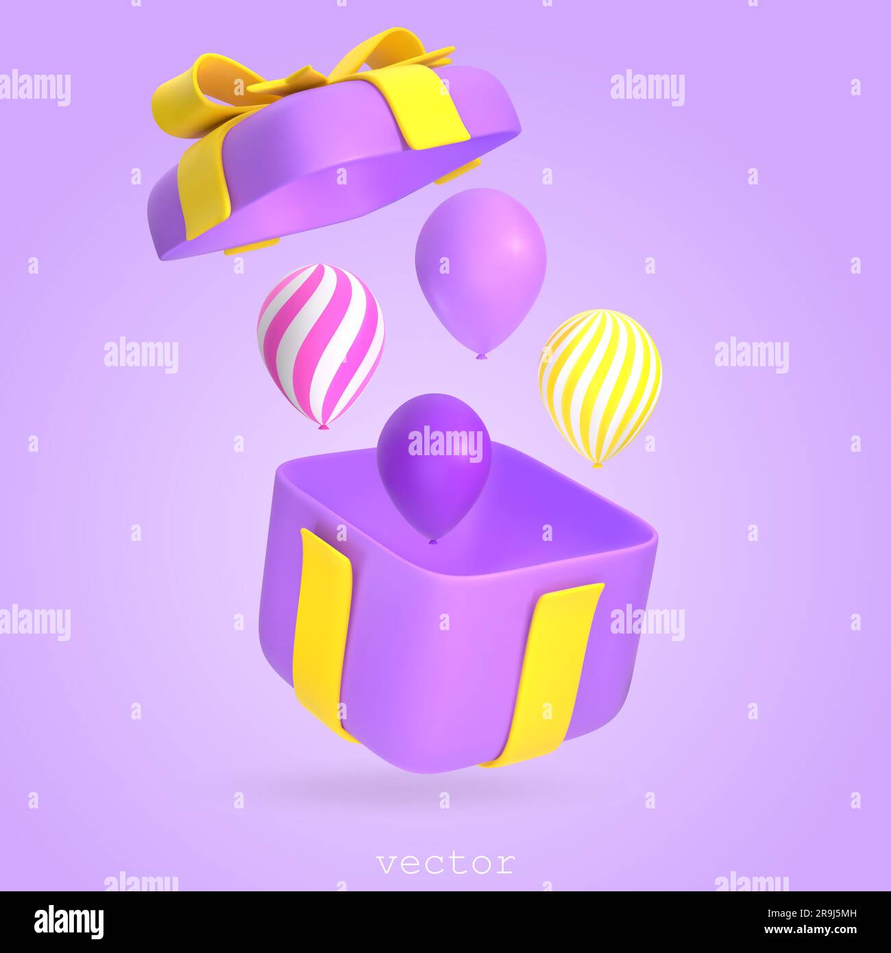 3D boîte cadeau violette avec ballons à air. Ouvrir la boîte de présentation avec un ruban jaune et un noeud. Surprise, fête d'anniversaire, anniversaire. Rendu vectoriel Illustration I Illustration de Vecteur