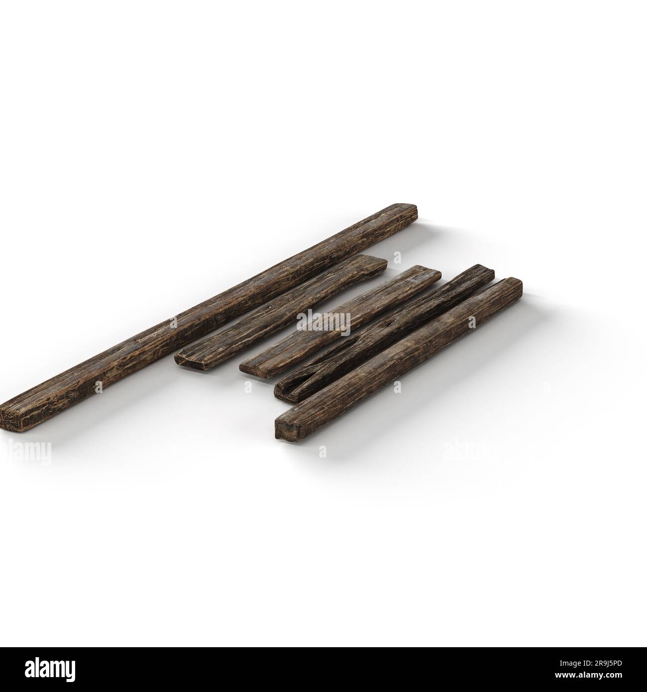 Un rendu réaliste en 3D de pièces en bois sombre de différentes tailles Banque D'Images