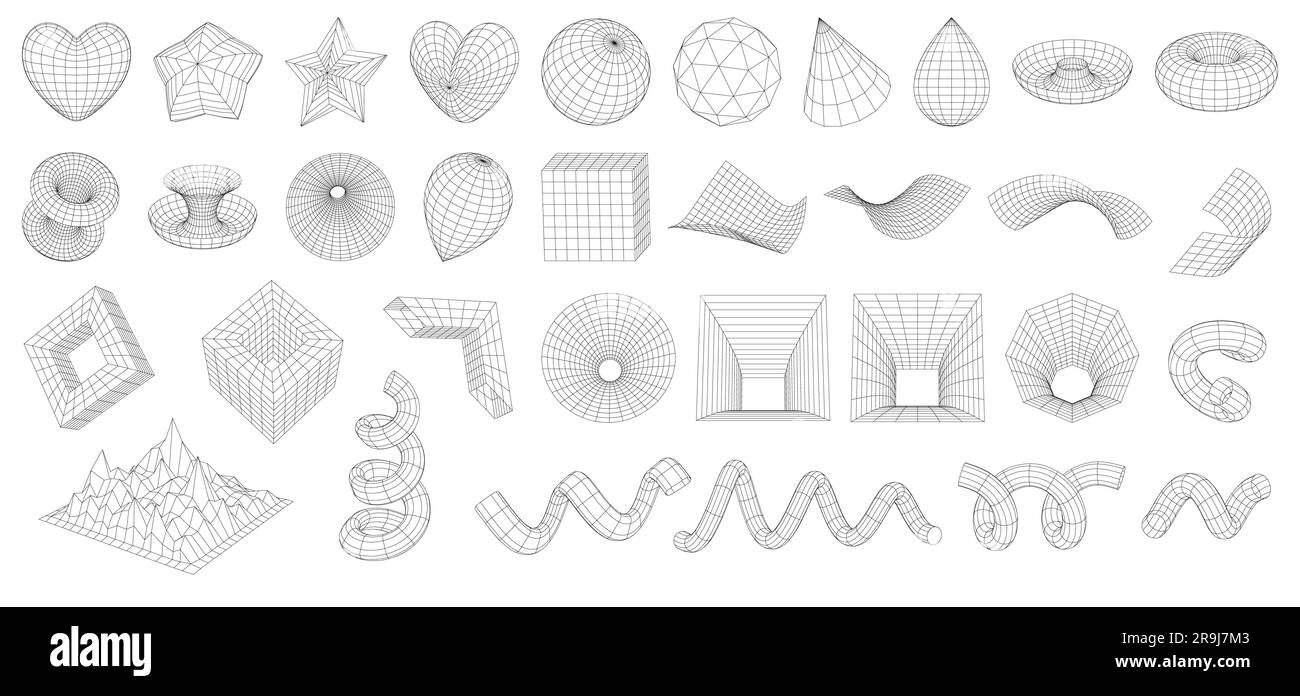Ensemble de 3D formes géométriques filaires abstraites. Grilles de maillage. Cube, goutte, spirale, paysage de montagne, étoile, cœur, plans déformés, entonnoir. Déd. Graphique Illustration de Vecteur