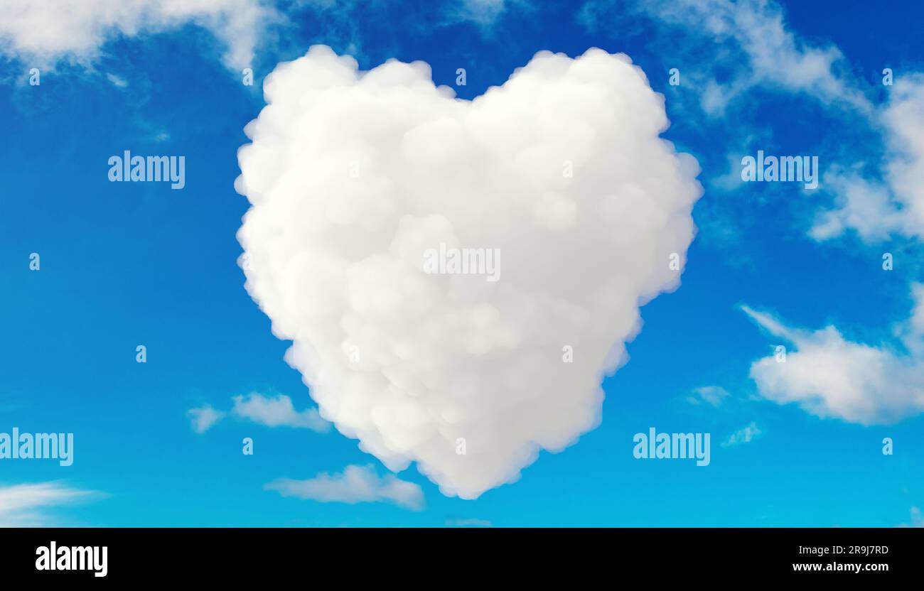 Forme de coeur nuage moelleux sur fond bleu ciel. Modèle de Saint-Valentin ou de fête des mères. Cœur blanc de fumée ou de brouillard sur le ciel, l'espace. 3d rendu Banque D'Images
