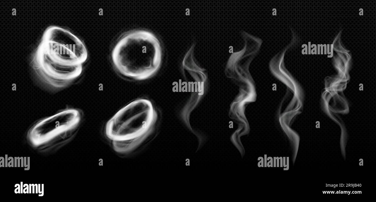 Narguilé cercle de fumée et effet vectoriel de tornade. 3d ensemble de tourbillon de vapeur de nuage de cigarette blanc réaliste. Cadre de mouvement du flux de brume isolé et illustration de la courbe d'onde sur fond noir. Illustration de Vecteur