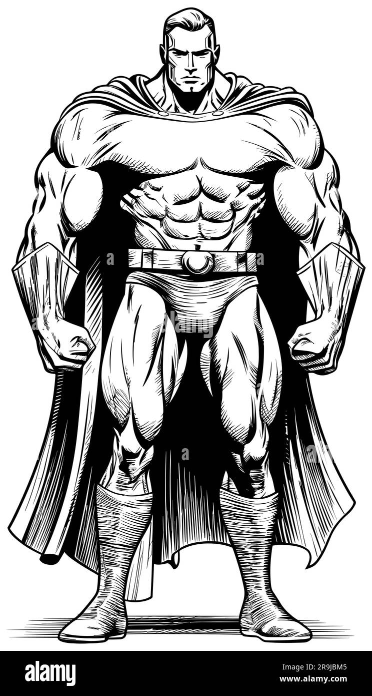 SuperHero Standing Tall Black and White Sketch Illustration de Vecteur