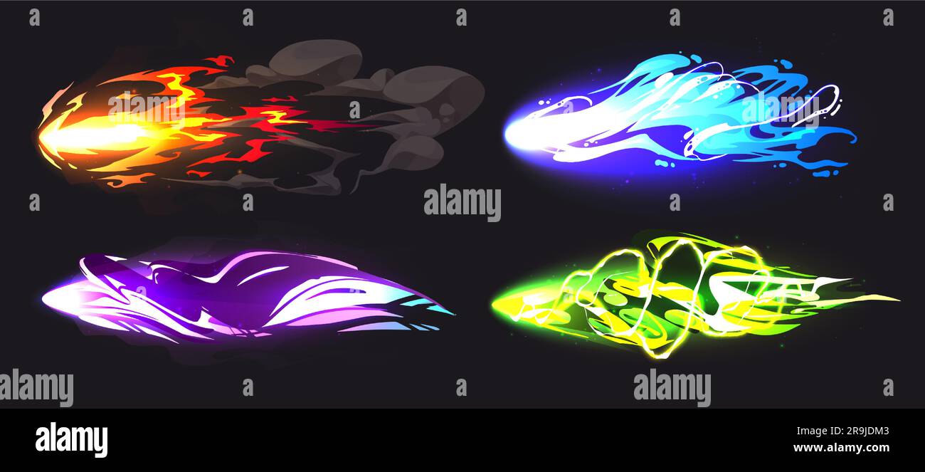 Magic blast jeu vfx effet de lumière vecteur de dessin animé. Sentier d'énergie du sort magicien avec lueur du feu et vortex cosmique abstrait. Tir d'arme Blaster tournant pour l'interface. Objet d'attaque violet, vert et bleu Illustration de Vecteur