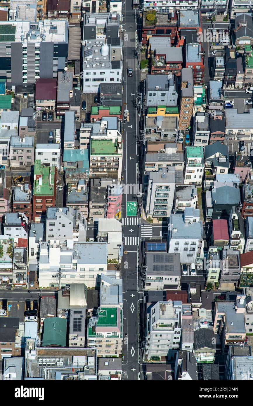 Vue verticale des oiseaux d'un modèle presque symétrique ou d'une grille de rues et maisons résidentielles dans un quartier urbain de Tokyo, Japon (texte japonais o Banque D'Images