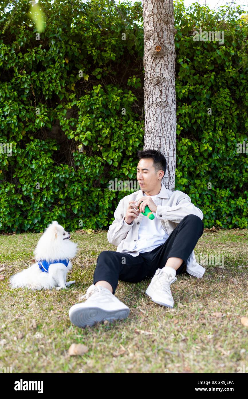 Tout le corps de positif asiatique propriétaire dans des vêtements décontractés assis sur le jeu avec le chien de Pomeranian dans le parc vert Banque D'Images