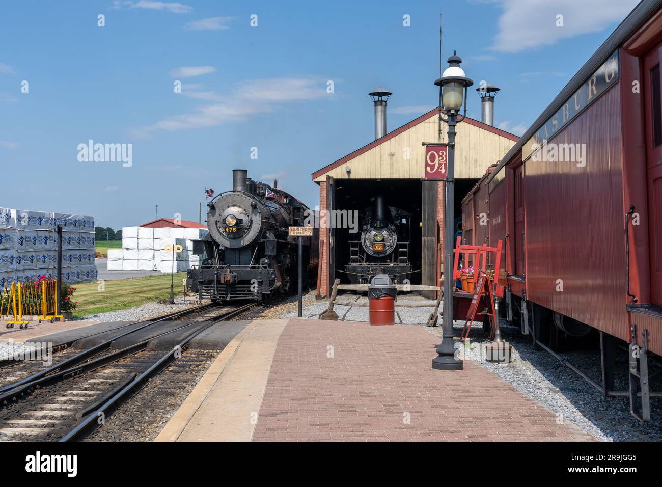 Vue panoramique sur le chemin de fer de Strassburg avec une sélection de trains d'époque en premier plan Banque D'Images