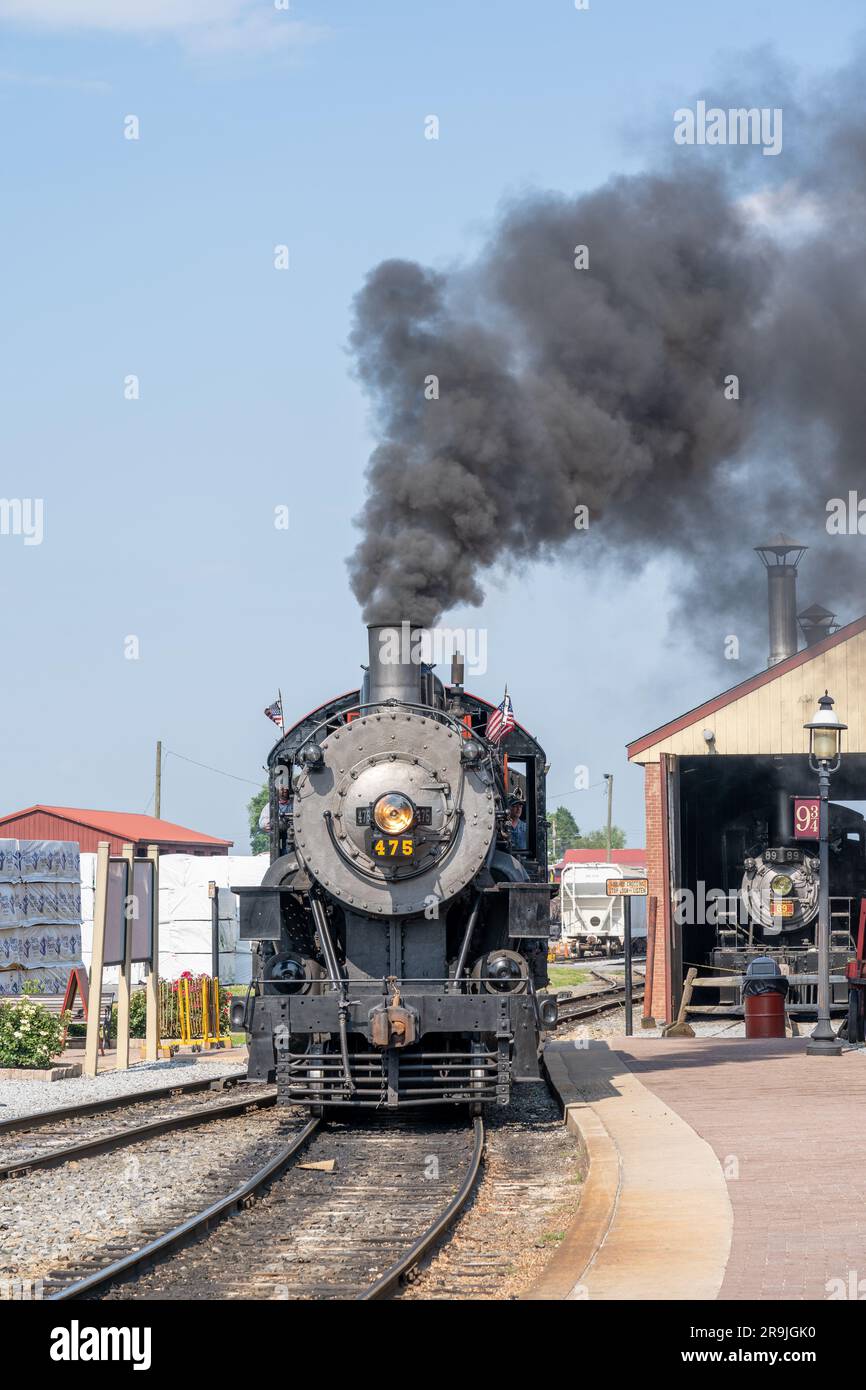 Vue panoramique sur le chemin de fer de Strassburg avec une sélection de trains d'époque en premier plan Banque D'Images