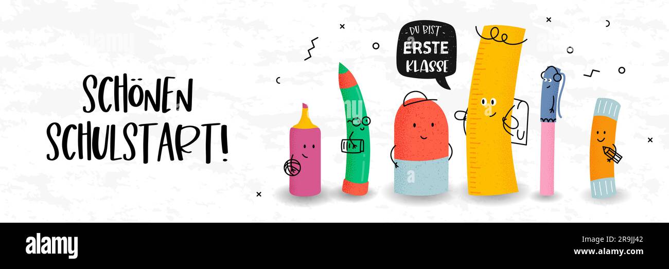 Les personnages mignons dessinés à la main et le texte allemand disant « Happy First Day of School - You are the Number One » - idéal pour les bannières, les invitations, la publicité Illustration de Vecteur