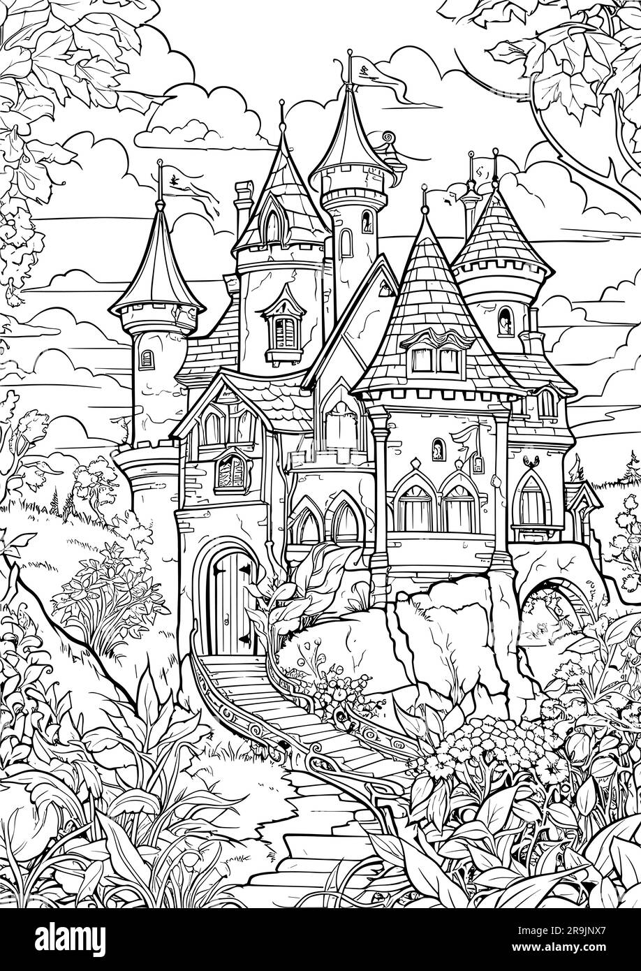 Realm enchanté, pages de livre de coloriage de princesse Illustration de Vecteur