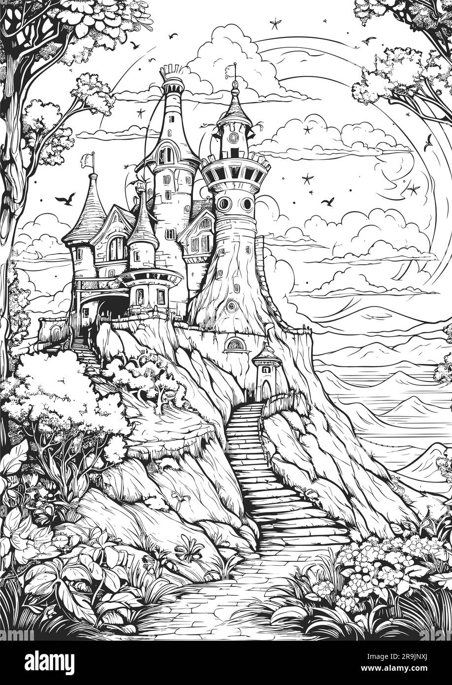 Realm enchanté, pages de livre de coloriage de princesse Illustration de Vecteur