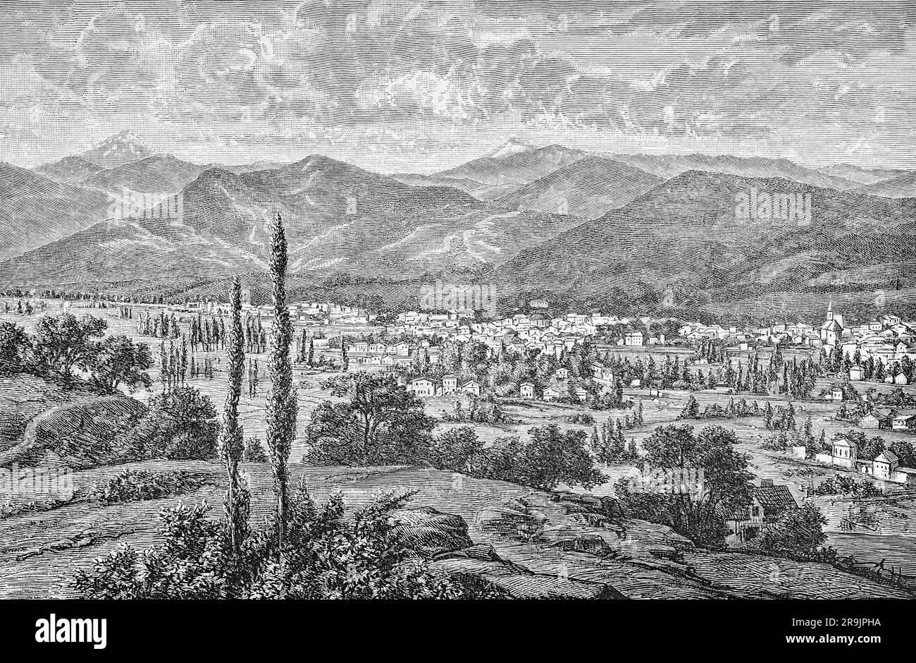 Illustration de la 19th ville de Bagnères-de-Bigorre, commune des Hautes-Pyrénées, dans la région occitanie du sud-ouest de la France, datant de la fin du siècle. La ville était connue dans l'antiquité sous le nom d'Aquae Convenarum ('eaux des Comminges'). Son nom actuel signifie de la même manière 'Baths' de Bigorre, parce que cette région du sud-ouest de la France était autrefois habitée par les Bigorri, une ancienne tribu d'environ 400 après J.-C. Banque D'Images