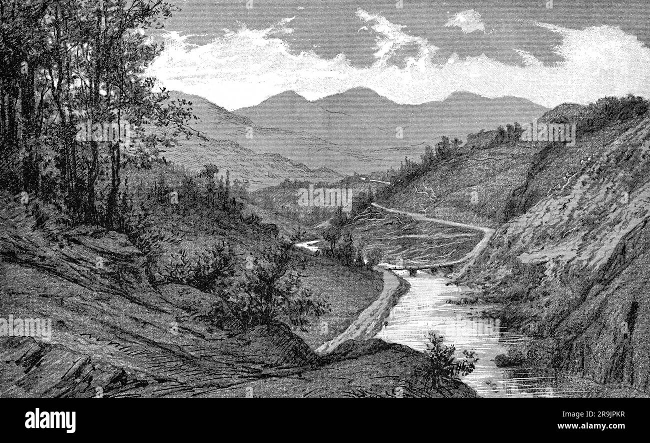 Une illustration de la fin du 19th siècle de la rivière Arros s'élève dans les Baronnies des Pyrénées, au sud-est de Bagnères-de-Bigorre et s'écoule vers le nord à travers une étroite vallée rejoignant l'Adour avant de tourner vers l'ouest, en amont de Riscle. Il est situé dans le département des Hautes-Pyrénées, en occitanie. Banque D'Images